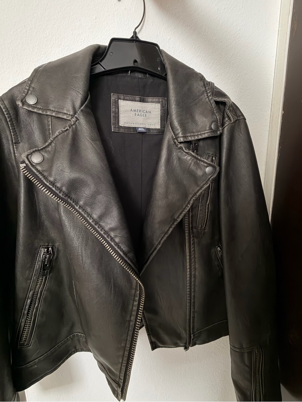 American Eagle Black Faux Leather Jacket with Gray Label